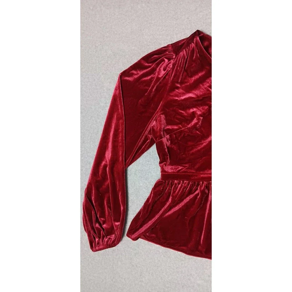Old Navy Velvet Peplum Waist Defining Blouse Small Deep Red Puff Sleeve Babydoll